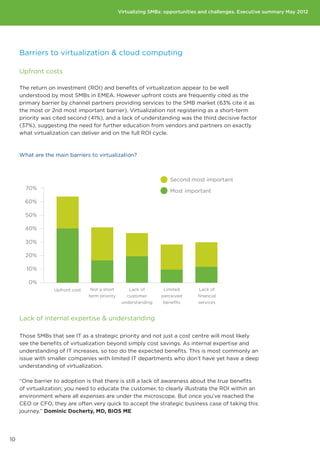 Virtualizing SMBs: opportunities and challenges. Executive summary May 2012

                            Most advanced               Second most advanced



      500 to 999
     Barriers to virtualization  cloud computing
        employees


     Upfront costs
      100 to 499
           employees
     The return on investment (ROI) and benefits of virtualization appear to be well
     understood by most SMBs in EMEA. However upfront costs are frequently cited as the
     primary1barrier by channel partners providing services to the SMB market (63% cite it as
               to 99
           employees most important barrier). Virtualization not registering as a short-term
     the most or 2nd
     priority was cited second (41%), and a lack of understanding was the third decisive factor
     (37%), suggesting the need for further education from vendors and partners on exactly
                       0%           20%          40%            60%         80%          100%
     what virtualization can deliver and on the full ROI cycle.



     What are the main barriers to virtualization?



                                                                     Second most important
       70%
                                                                     Most important
       60%

       50%

       40%

       30%

       20%

       10%

        0%
                  Upfront cost    Not a short        Lack of       Limited       Lack of
                                 term priority      customer      perceived     financial
                                                  understanding    benefits     services


     Lack of internal expertise  understanding

     Those SMBs that see IT as a strategic priority and not just a cost centre will most likely
     see the benefits of virtualization beyond simply cost savings. As internal expertise and
     understanding of IT increases, so too do the expected benefits. This is most commonly an
     issue with smaller companies with limited IT departments who don’t have yet have a deep
     understanding of virtualization.

     “One barrier to adoption is that there is still a lack of awareness about the true benefits
     of virtualization; you need to educate the customer, to clearly illustrate the ROI within an
     environment where all expenses are under the microscope. But once you’ve reached the
     CEO or CFO, they are often very quick to accept the strategic business case of taking this
     journey.” Dominic Docherty, MD, BIOS ME




10
 