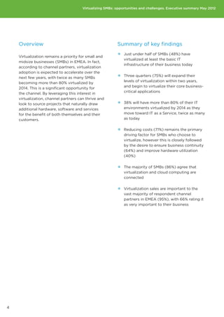 Virtualizing SMBs: opportunities and challenges. Executive summary May 2012




    Overview                                              Summary of key findings

    Virtualization remains a priority for small and       •• Just under half of SMBs (48%) have
                                                              virtualized at least the basic IT
    midsize businesses (SMBs) in EMEA. In fact,
                                                              infrastructure of their business today
    according to channel partners, virtualization
    adoption is expected to accelerate over the
    next few years, with twice as many SMBs               •• Three quarters (75%) will expand their
                                                              levels of virtualization within two years,
    becoming more than 80% virtualized by
                                                              and begin to virtualize their core business-
    2014. This is a significant opportunity for
                                                              critical applications
    the channel. By leveraging this interest in
    virtualization, channel partners can thrive and
    look to source projects that naturally draw           •• 38% will have more than 80% of their IT
    additional hardware, software and services                environments virtualized by 2014 as they
    for the benefit of both themselves and their              move toward IT as a Service, twice as many
    customers.                                                as today


                                                          •• Reducing costs (71%) remains the primary
                                                              driving factor for SMBs who choose to
                                                              virtualize, however this is closely followed
                                                              by the desire to ensure business continuity
                                                              (64%) and improve hardware utilization
                                                              (40%)


                                                          •• The majority of SMBs (86%) agree that
                                                              virtualization and cloud computing are
                                                              connected


                                                          •• Virtualization sales are important to the
                                                              vast majority of respondent channel
                                                              partners in EMEA (95%), with 66% rating it
                                                              as very important to their business




4
 