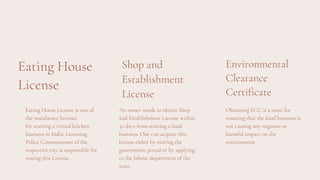 Eating House
License
Eating House License is one of
the mandatory licenses
for starting a virtual kitchen
business in India. Licensing
Police Commissioner of the
respective city is responsible for
issuing this License.
Shop and
Establishment
License
An owner needs to obtain Shop
and Establishment License within
30 days from starting a food
business. One can acquire this
license either by visiting the
government portal or by applying
to the labour department of the
state.
Environmental
Clearance
Certificate
Obtaining ECC is a must for
ensuring that the food business is
not causing any negative or
harmful impact on the
environment.
 