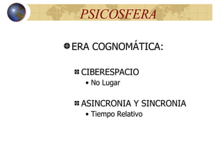 PSICOSFERA ERA COGNOMÁTICA: CIBERESPACIO No Lugar ASINCRONIA Y SINCRONIA Tiempo Relativo 