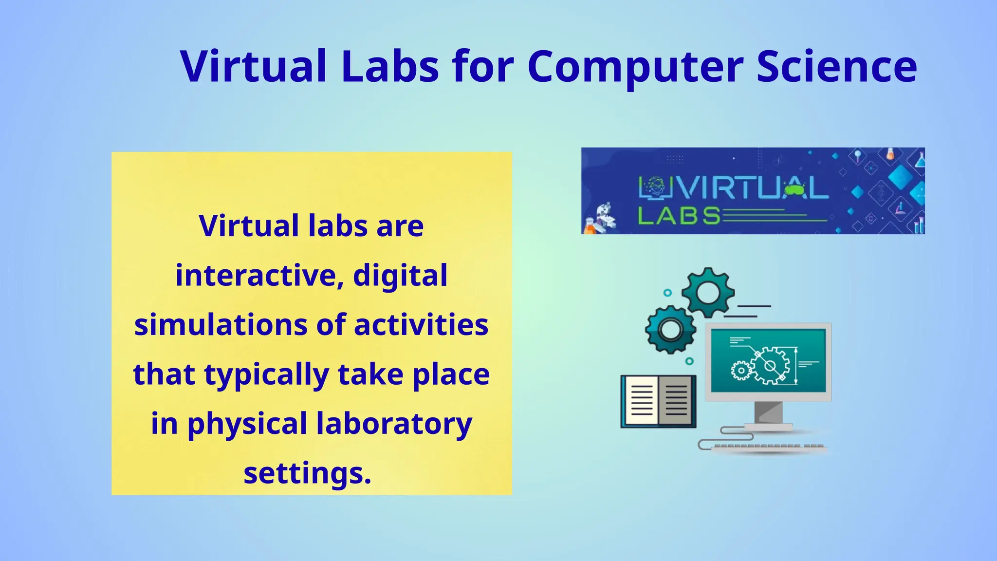 Virtual Labs for Computer Science
Virtual labs are
interactive, digital
simulations of activities
that typically take place
in physical laboratory
settings.
 