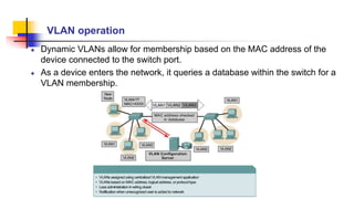 VLAN operation
Dynamic VLANs allow for membership based on the MAC address of the
device connected to the switch port.
As a device enters the network, it queries a database within the switch for a
VLAN membership.
 