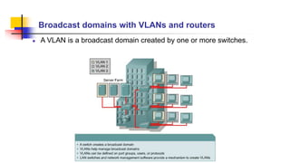 Broadcast domains with VLANs and routers
A VLAN is a broadcast domain created by one or more switches.
 