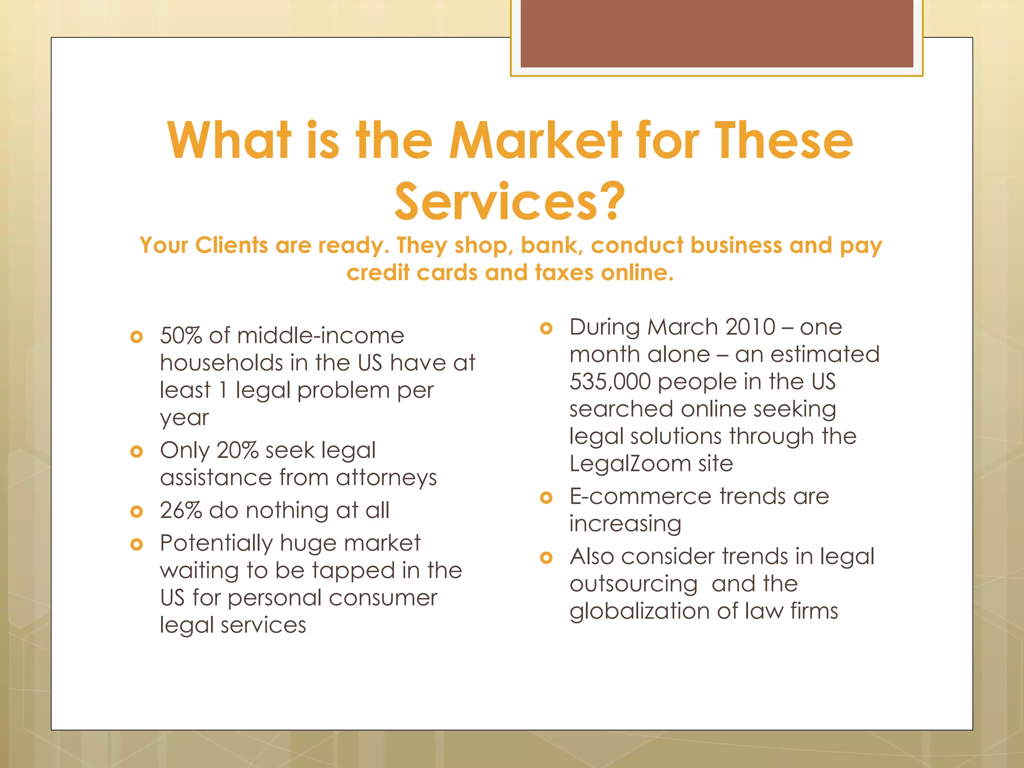 What is the Market for These
Services?
Your Clients are ready. They shop, bank, conduct business and pay
credit cards and taxes online.
 50% of middle-income
households in the US have at
least 1 legal problem per
year
 Only 20% seek legal
assistance from attorneys
 26% do nothing at all
 Potentially huge market
waiting to be tapped in the
US for personal consumer
legal services
 During March 2010 – one
month alone – an estimated
535,000 people in the US
searched online seeking
legal solutions through the
LegalZoom site
 E-commerce trends are
increasing
 Also consider trends in legal
outsourcing and the
globalization of law firms
 