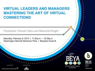 VIRTUAL LEADERS AND MANAGERS
MASTERING THE ART OF VIRTUAL
CONNECTIONS


Presenters: Ronald Yates and Marachel Knight

Saturday, February 9, 2013 | 11:20a.m. – 12:35p.m.
Washington Marriott Wardman Park | Maryland Suite B
 