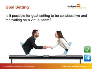 © 2015 NetSpeed Learning Solutions. All rights reserved. 33
Goal Setting
Is it possible for goal-setting to be collaborative and
motivating on a virtual team?
 
