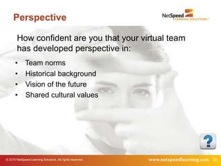 © 2015 NetSpeed Learning Solutions. All rights reserved. 38
Perspective
How confident are you that your virtual team
has developed perspective in:
• Team norms
• Historical background
• Vision of the future
• Shared cultural values
 
