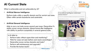 AI Current State
#ISSLearningFest
• Artificial Narrow Intelligence
Perform tasks within a specific domain and for certain use cases.
Often within certain boundaries and constraints.
• Artificial General Intelligence
Able to carry out tasks across several uses cases. Generalize it’s
ability across various domains. Almost human-like intelligence
with ability to perform acceptably in several general tasks.
Is AI able to:
- Perform tasks without supervision and monitoring?
- Think for cases not seen before and reacts accordingly?
- Generalize across various domains and tasks?
- Perform self-maintenance and upgrade?
- Provide the human touch?
https://www.jpost.com/jpost-tech/can-artificial-intelligence-understand-human-humor-635073
What is achievable and not achievable by AI?
 