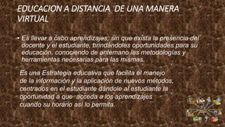 EDUCACION A DISTANCIA DE UNA MANERA
VIRTUAL
• Es llevar a cabo aprendizajes, sin que exista la presencia del
docente y el estudiante, brindándoles oportunidades para su
educación, conociendo de antemano las metodologías y
herramientas necesarias para las mismas.
Es una Estrategia educativa que facilita el manejo
de la información y la aplicación de nuevos métodos,
centrados en el estudiante dándole al estudiante la
oportunidad a que acceda a los aprendizajes
cuando su horario así lo permita.
 