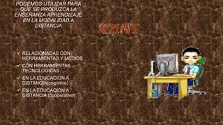 ESTRATEGIAS QUE
PODEMOS UTILIZAR PARA
QUE SE PRODUZCA LA
ENSEÑANZA APRENDIZAJE
EN LA MODALIDAD A
DISTANCIA
 RELACIONADAS CON
HERRAMIENTAS Y MEDIOS
 CON HERRAMIENTAS
TECNOLOGICAS
 EN LA EDUCACION A
DISTANCIA(cognitivo)
 EN LA EDUCACION A
DISTANCIA (cooperativo)
 