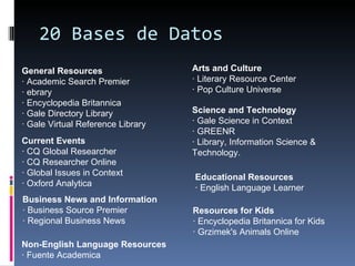 20 Bases de Datos Current Events · CQ Global Researcher · CQ Researcher Online · Global Issues in Context · Oxford Analytica Business News and Information · Business Source Premier · Regional Business News General Resources · Academic Search Premier · ebrary · Encyclopedia Britannica · Gale Directory Library · Gale Virtual Reference Library Arts and Culture · Literary Resource Center · Pop Culture Universe Science and Technology · Gale Science in Context · GREENR · Library, Information Science & Technology. Non-English Language Resources · Fuente Academica Educational Resources · English Language Learner Resources for Kids · Encyclopedia Britannica for Kids · Grzimek's Animals Online