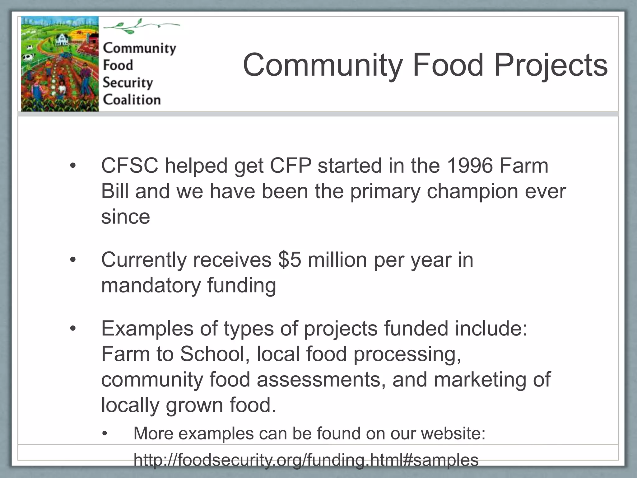 2012 Farm BillTimeline:House and Senate Ag Committees both have new leadership and new members2011 – Education and Budget negotiations2012 – Farm Bill? How will the federal budget deficit affect the Farm Bill? Little money available for increased spendingAll programs are on the table for budget cuts 