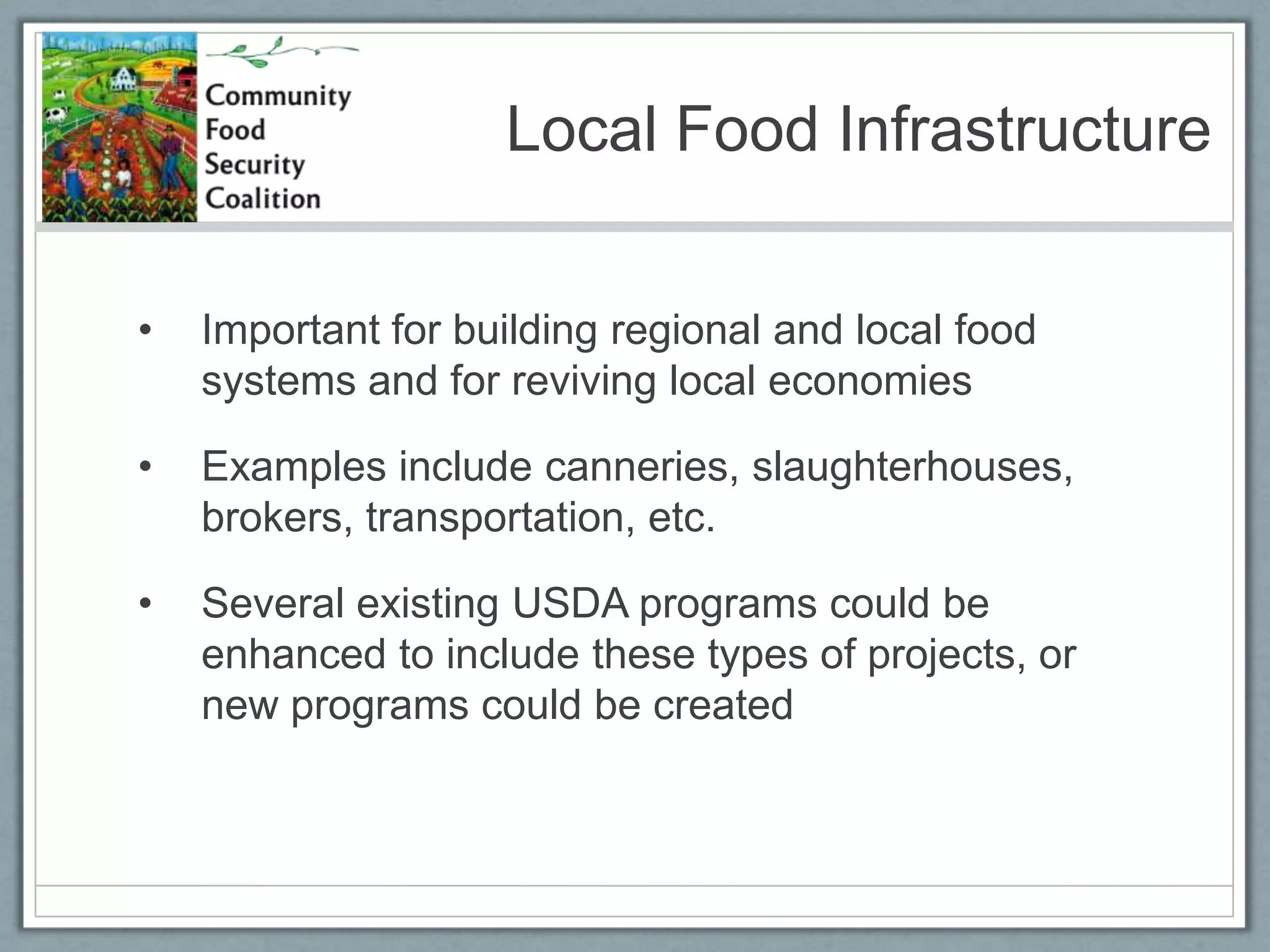So, what does that mean for us? CFSC conducting listening sessions around the country during February and early MarchWe will synthesize this input to develop our draft policy priorities for the upcoming Farm BillThere will be additional opportunities for feedback over the next few monthsTarget: platform ready by July