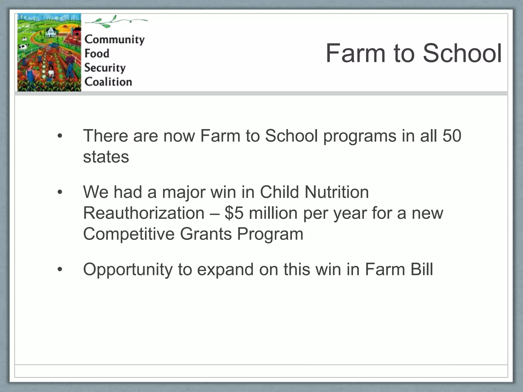 Linking SNAP to local and healthy foods Incentives for the purchase of fruits and vegetablesPossibility to connect a portion of SNAP benefits to community food enterprisesHealthy Incentives Pilot (HIP) from the 2008 Farm Bill – will be getting underway in MA this year