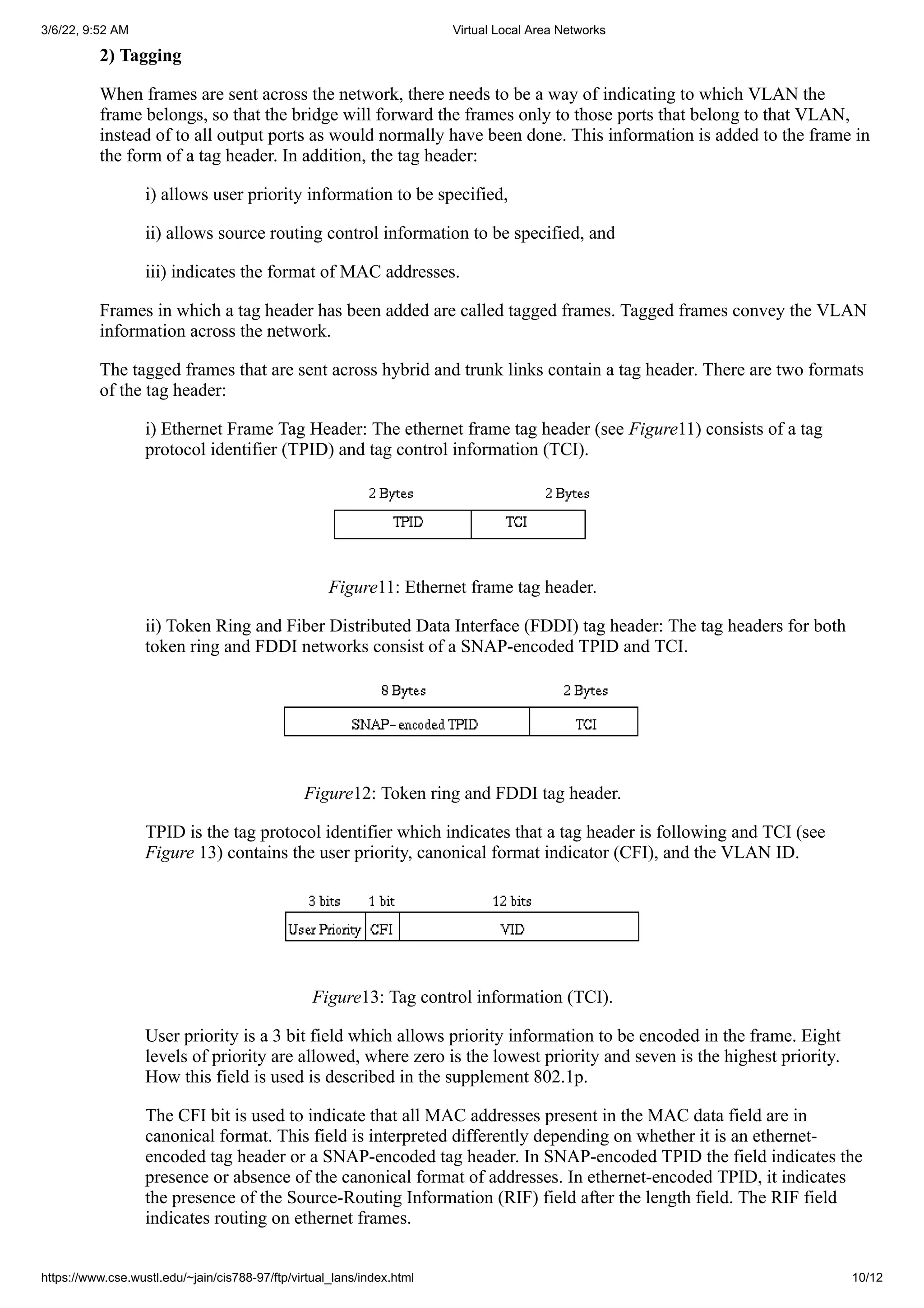 3/6/22, 9:52 AM Virtual Local Area Networks
https://www.cse.wustl.edu/~jain/cis788-97/ftp/virtual_lans/index.html 10/12
2) Tagging
When frames are sent across the network, there needs to be a way of indicating to which VLAN the
frame belongs, so that the bridge will forward the frames only to those ports that belong to that VLAN,
instead of to all output ports as would normally have been done. This information is added to the frame in
the form of a tag header. In addition, the tag header:
i) allows user priority information to be specified,
ii) allows source routing control information to be specified, and
iii) indicates the format of MAC addresses.
Frames in which a tag header has been added are called tagged frames. Tagged frames convey the VLAN
information across the network.
The tagged frames that are sent across hybrid and trunk links contain a tag header. There are two formats
of the tag header:
i) Ethernet Frame Tag Header: The ethernet frame tag header (see Figure11) consists of a tag
protocol identifier (TPID) and tag control information (TCI).
Figure11: Ethernet frame tag header.
ii) Token Ring and Fiber Distributed Data Interface (FDDI) tag header: The tag headers for both
token ring and FDDI networks consist of a SNAP-encoded TPID and TCI.
Figure12: Token ring and FDDI tag header.
TPID is the tag protocol identifier which indicates that a tag header is following and TCI (see
Figure 13) contains the user priority, canonical format indicator (CFI), and the VLAN ID.
Figure13: Tag control information (TCI).
User priority is a 3 bit field which allows priority information to be encoded in the frame. Eight
levels of priority are allowed, where zero is the lowest priority and seven is the highest priority.
How this field is used is described in the supplement 802.1p.
The CFI bit is used to indicate that all MAC addresses present in the MAC data field are in
canonical format. This field is interpreted differently depending on whether it is an ethernet-
encoded tag header or a SNAP-encoded tag header. In SNAP-encoded TPID the field indicates the
presence or absence of the canonical format of addresses. In ethernet-encoded TPID, it indicates
the presence of the Source-Routing Information (RIF) field after the length field. The RIF field
indicates routing on ethernet frames.
 