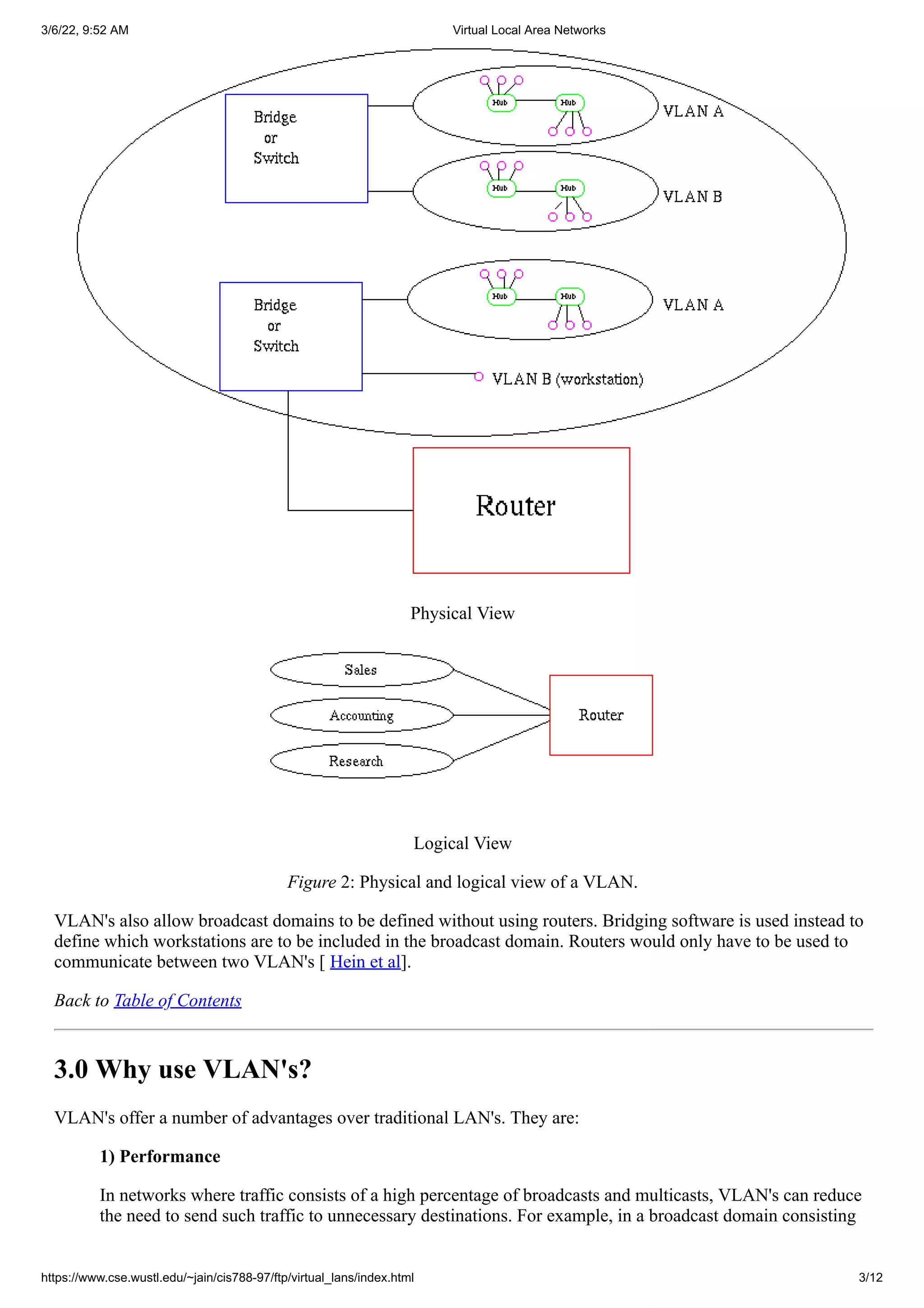3/6/22, 9:52 AM Virtual Local Area Networks
https://www.cse.wustl.edu/~jain/cis788-97/ftp/virtual_lans/index.html 3/12
Physical View
Logical View
Figure 2: Physical and logical view of a VLAN.
VLAN's also allow broadcast domains to be defined without using routers. Bridging software is used instead to
define which workstations are to be included in the broadcast domain. Routers would only have to be used to
communicate between two VLAN's [
Hein et al].
Back to Table of Contents
3.0 Why use VLAN's?
VLAN's offer a number of advantages over traditional LAN's. They are:
1) Performance
In networks where traffic consists of a high percentage of broadcasts and multicasts, VLAN's can reduce
the need to send such traffic to unnecessary destinations. For example, in a broadcast domain consisting
 