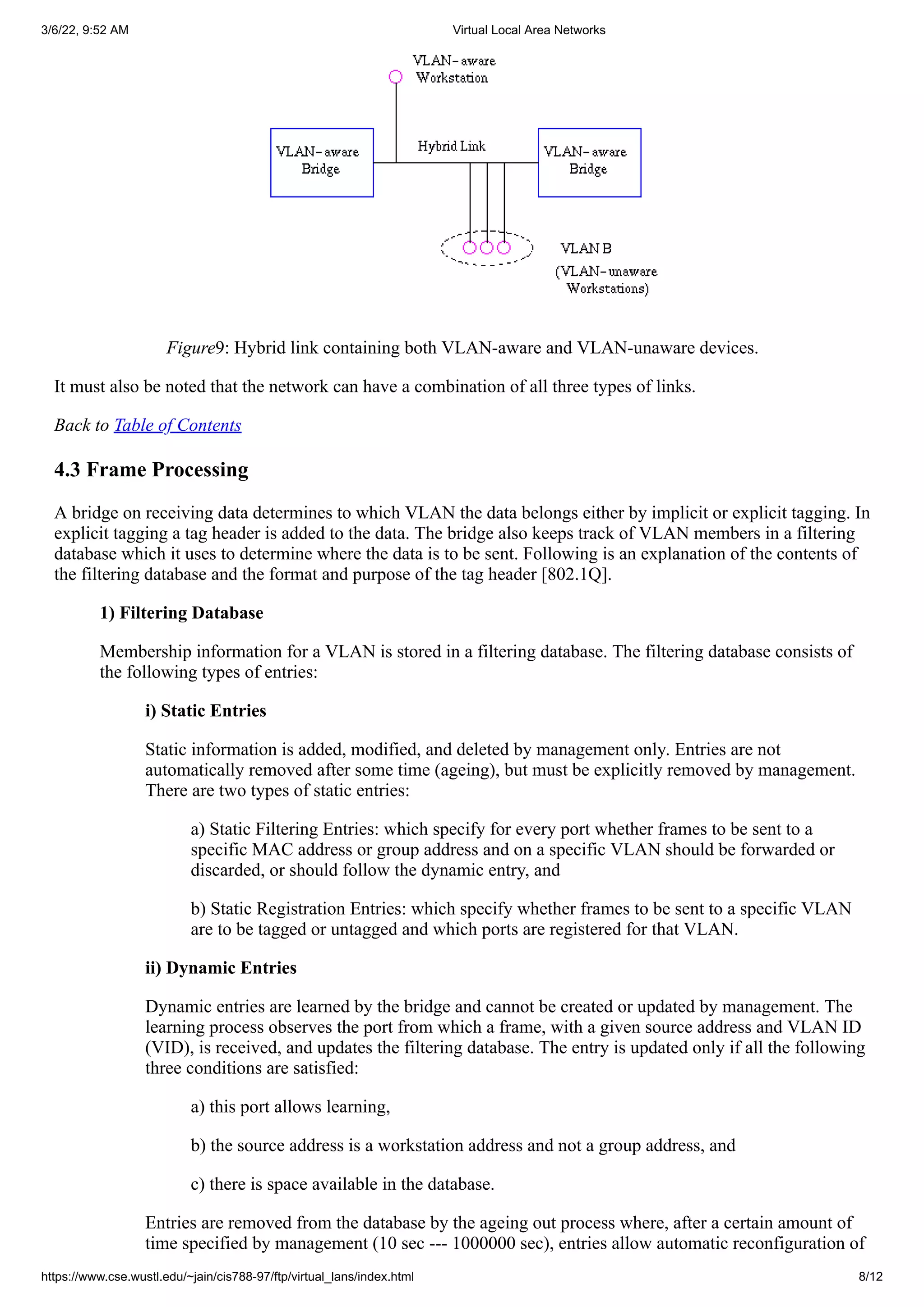 3/6/22, 9:52 AM Virtual Local Area Networks
https://www.cse.wustl.edu/~jain/cis788-97/ftp/virtual_lans/index.html 8/12
Figure9: Hybrid link containing both VLAN-aware and VLAN-unaware devices.
It must also be noted that the network can have a combination of all three types of links.
Back to Table of Contents
4.3 Frame Processing
A bridge on receiving data determines to which VLAN the data belongs either by implicit or explicit tagging. In
explicit tagging a tag header is added to the data. The bridge also keeps track of VLAN members in a filtering
database which it uses to determine where the data is to be sent. Following is an explanation of the contents of
the filtering database and the format and purpose of the tag header [802.1Q].
1) Filtering Database
Membership information for a VLAN is stored in a filtering database. The filtering database consists of
the following types of entries:
i) Static Entries
Static information is added, modified, and deleted by management only. Entries are not
automatically removed after some time (ageing), but must be explicitly removed by management.
There are two types of static entries:
a) Static Filtering Entries: which specify for every port whether frames to be sent to a
specific MAC address or group address and on a specific VLAN should be forwarded or
discarded, or should follow the dynamic entry, and
b) Static Registration Entries: which specify whether frames to be sent to a specific VLAN
are to be tagged or untagged and which ports are registered for that VLAN.
ii) Dynamic Entries
Dynamic entries are learned by the bridge and cannot be created or updated by management. The
learning process observes the port from which a frame, with a given source address and VLAN ID
(VID), is received, and updates the filtering database. The entry is updated only if all the following
three conditions are satisfied:
a) this port allows learning,
b) the source address is a workstation address and not a group address, and
c) there is space available in the database.
Entries are removed from the database by the ageing out process where, after a certain amount of
time specified by management (10 sec --- 1000000 sec), entries allow automatic reconfiguration of
 