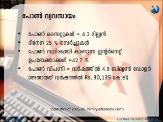 • t]m¬ sskäp-I-Ä = 4.2 anÃy³
• Znt 25 % skÀ¨p-IÄ
• t]m¬ Ønc-ambn ImWp¶ CâÀsäv
D]-t`m-àm-¡Ä =42.7 %
• t]m¬ hn]Wn = hÀj-¯nÂ 4.9 _ney¬ tUmfÀ
(A-Xm-bXv hÀj-¯nÂ Rs. 30,135 tImSn)
t]m¬ hyh-kmbw
(Statistics of 2005-06, familysafemedia.com)
WISD M GLOBAL ISLAMIC MISSION
 