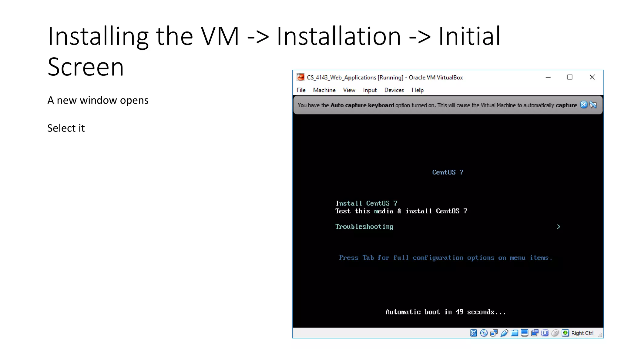 Installing the VM -> Installation -> Initial
Screen
A new window opens
Select it
 