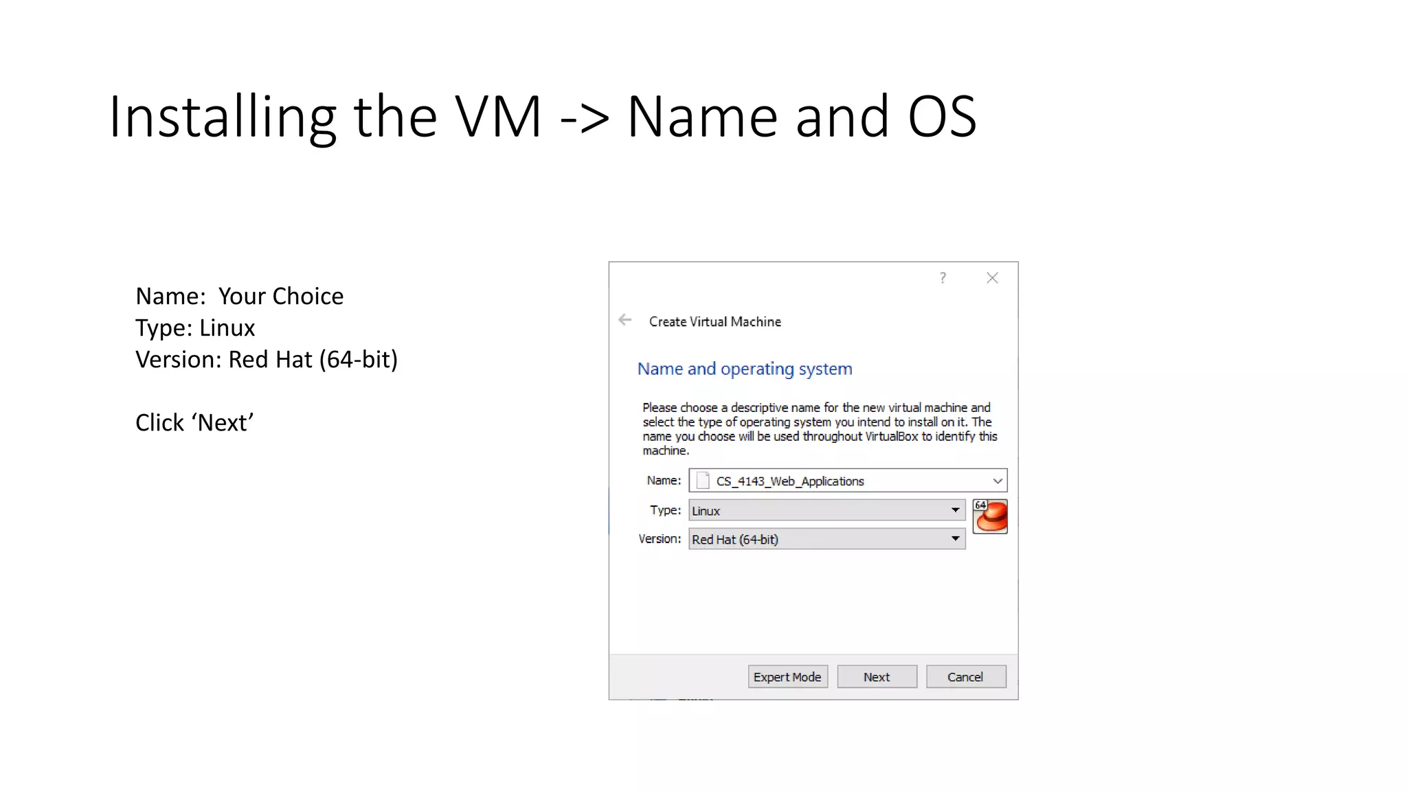Installing the VM -> Name and OS
Name: Your Choice
Type: Linux
Version: Red Hat (64-bit)
Click ‘Next’
 