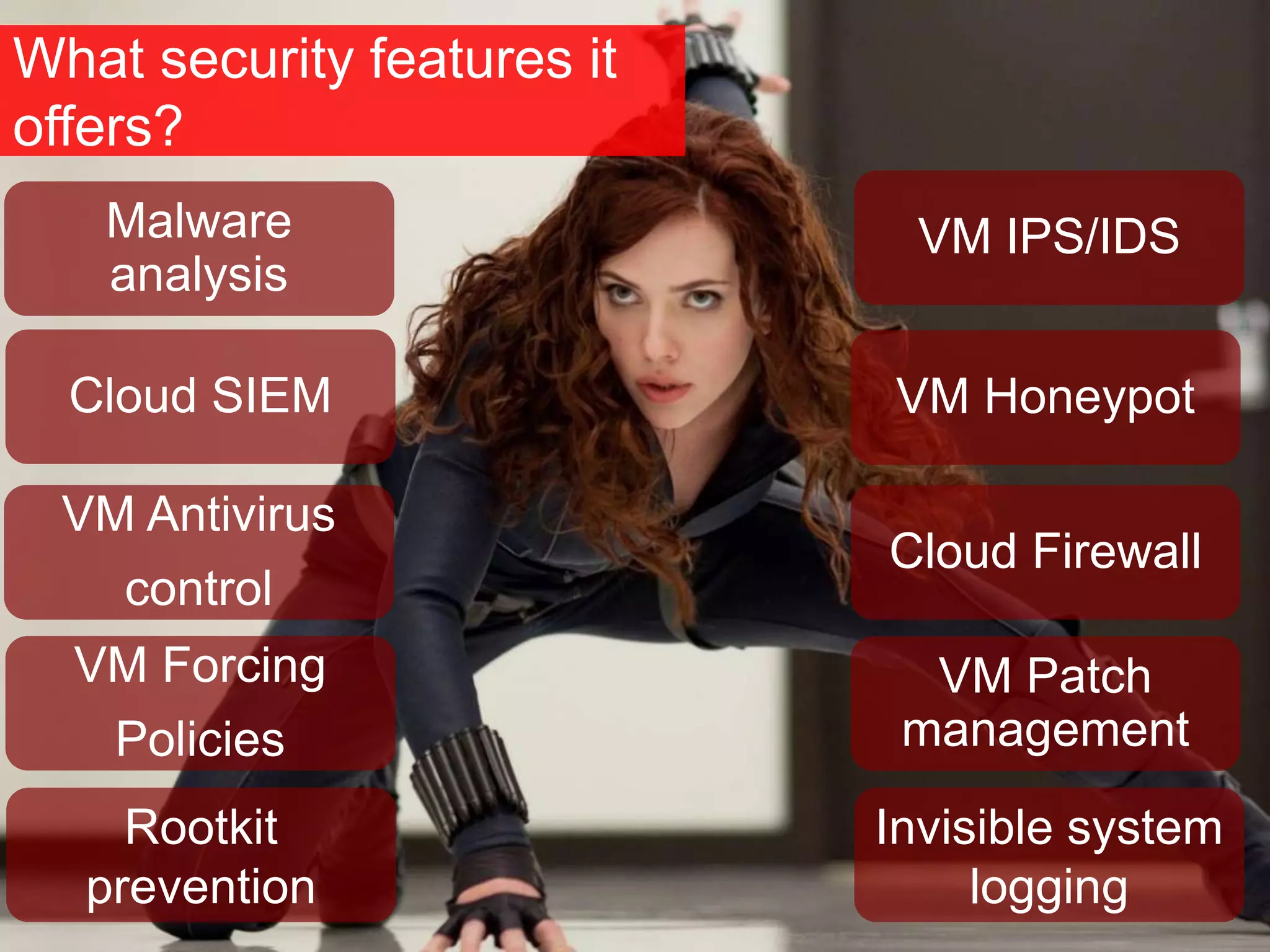 What security features it
offers?
VM Antivirus
control
Malware
analysis
Cloud SIEM
VM IPS/IDS
VM Forcing
Policies
VM Honeypot
Cloud Firewall
VM Patch
management
Invisible system
logging
Rootkit
prevention
 