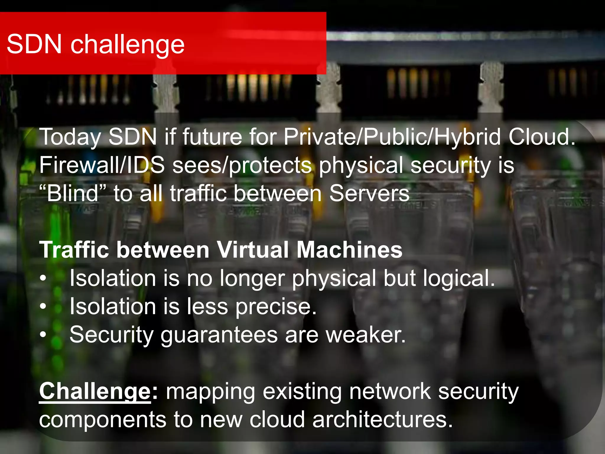 SDN challenge
Today SDN if future for Private/Public/Hybrid Cloud.
Firewall/IDS sees/protects physical security is
“Blind” to all traffic between Servers
Traffic between Virtual Machines
• Isolation is no longer physical but logical.
• Isolation is less precise.
• Security guarantees are weaker.
Challenge: mapping existing network security
components to new cloud architectures.
 