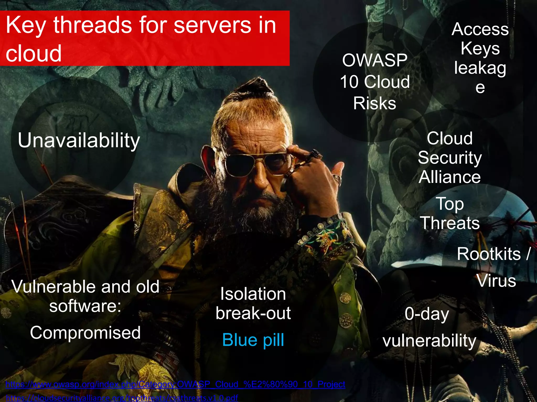 Key threads for servers in
cloud
Isolation
break-out
Blue pill
Access
Keys
leakag
e
https://cloudsecurityalliance.org/topthreats/csathreats.v1.0.pdf
https://www.owasp.org/index.php/Category:OWASP_Cloud_%E2%80%90_10_Project
Unavailability
OWASP
10 Cloud
Risks
Vulnerable and old
software:
Compromised
0-day
vulnerability
Rootkits /
Virus
Cloud
Security
Alliance
Top
Threats
 
