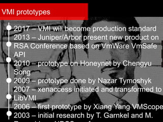 2017 – VMI will become production standard
2013 – Juniper/Arbor present new product on
RSA Conference based on VmWare VmSafe
API
2010 – prototype on Honeynet by Chengyu
Song
2009 – prototype done by Nazar Tymoshyk
2007 – xenaccess initiated and transformed to
LibVMI
2006 – first prototype by Xiang Yang VMScope
2003 – initial research by T. Garnkel and M.
VMI prototypes
 