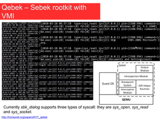 Qebek – Sebek rootkit with
VMI
http://honeynet.org/papers/KYT_qebek
Currently sbk_dialog supports three types of syscall: they are sys_open, sys_read
and sys_socket.
QEMU
Guest OS
Interception
Module
SVR Helper
Routines
Breakpoint
System
Introspection Module
Output
Module
Qebek
 