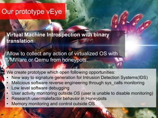 Our prototype vEye
We create prototype which open following opportunities:
• New way to signature generation for Intrusion Detection Systems(IDS)
• Malicious software reverse engineering through sys_calls monitoring
• Low level software debugging
• User activity monitoring outside OS (user is unable to disable monitoring)
• Research user/malefactor behavior in Honeypots
• Memory monitoring and control outside OS
Virtual Machine Introspection with binary
translation
Allow to collect any action of virtualized OS with
VMWare or Qemu from honeypots.
 