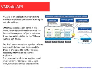 VMSafe API
VMsafe is an application programming
interface to protect applications running in
virtual machines.
VMsafe applications can come in two
forms. The first form is referred to as Fast
Path and is composed of just a vmkernel
driver that gets installed on the VMware
vSphere ESX 4 host.
Fast Path has many advantages but only so
much really belongs in a driver, and the
driver is often used to further transfer
necessary information to a virtual
appliance.
The combination of virtual appliance and
vmkernel driver composes the second
form, which is known as the Slow Path.
Source : http://www.vspherereference.com/id14.html
 