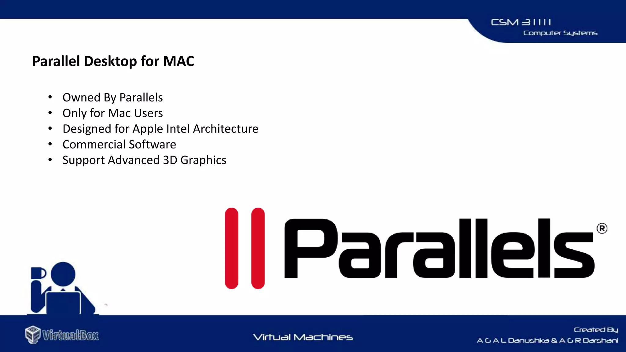 16/01/2020
Parallel Desktop for MAC
• Owned By Parallels
• Only for Mac Users
• Designed for Apple Intel Architecture
• Commercial Software
• Support Advanced 3D Graphics
 
