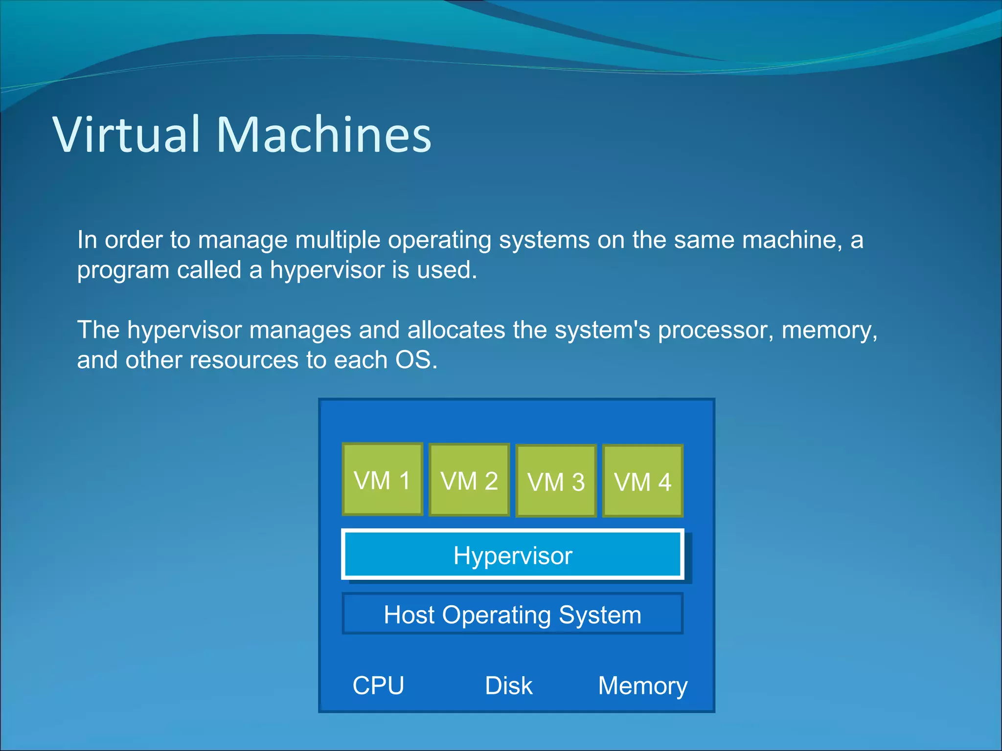 Virtual Machines
In order to manage multiple operating systems on the same machine, a
program called a hypervisor is used.
The hypervisor manages and allocates the system's processor, memory,
and other resources to each OS.
VM 1 VM 2 VM 3 VM 4
HypervisorHypervisor
Host Operating System
CPU Disk Memory