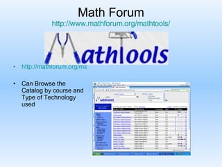 Math Forum http://www.mathforum.org/mathtools/ http://mathforum.org/mathtools/cell/ALL,ALL,ALL,hh/ Can Browse the Catalog by course and Type of Technology used 