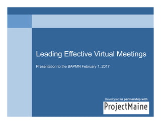Leading Effective Virtual MeetingsLeading Effective Virtual Meetings
Presentation to the BAPMN February 1, 2017
Developed in partnership with
 