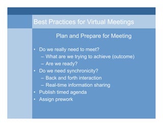 Best Practices for Virtual Meetings
Plan and Prepare for Meeting
• Do we really need to meet?
– What are we trying to achi...