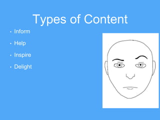 Types of Content
? Inform
? Help
? Inspire
? Delight
 