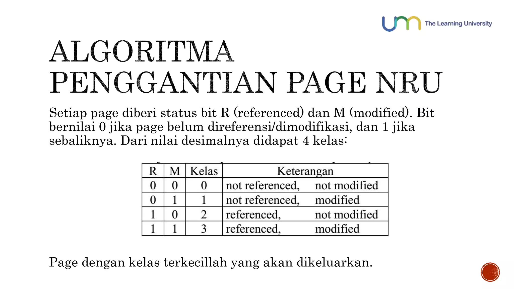 Setiap page diberi status bit R (referenced) dan M (modified). Bit 
bernilai 0 jika page belum direferensi/dimodifikasi, dan 1 jika 
sebaliknya. Dari nilai desimalnya didapat 4 kelas: 
Page dengan kelas terkecillah yang akan dikeluarkan. 
 