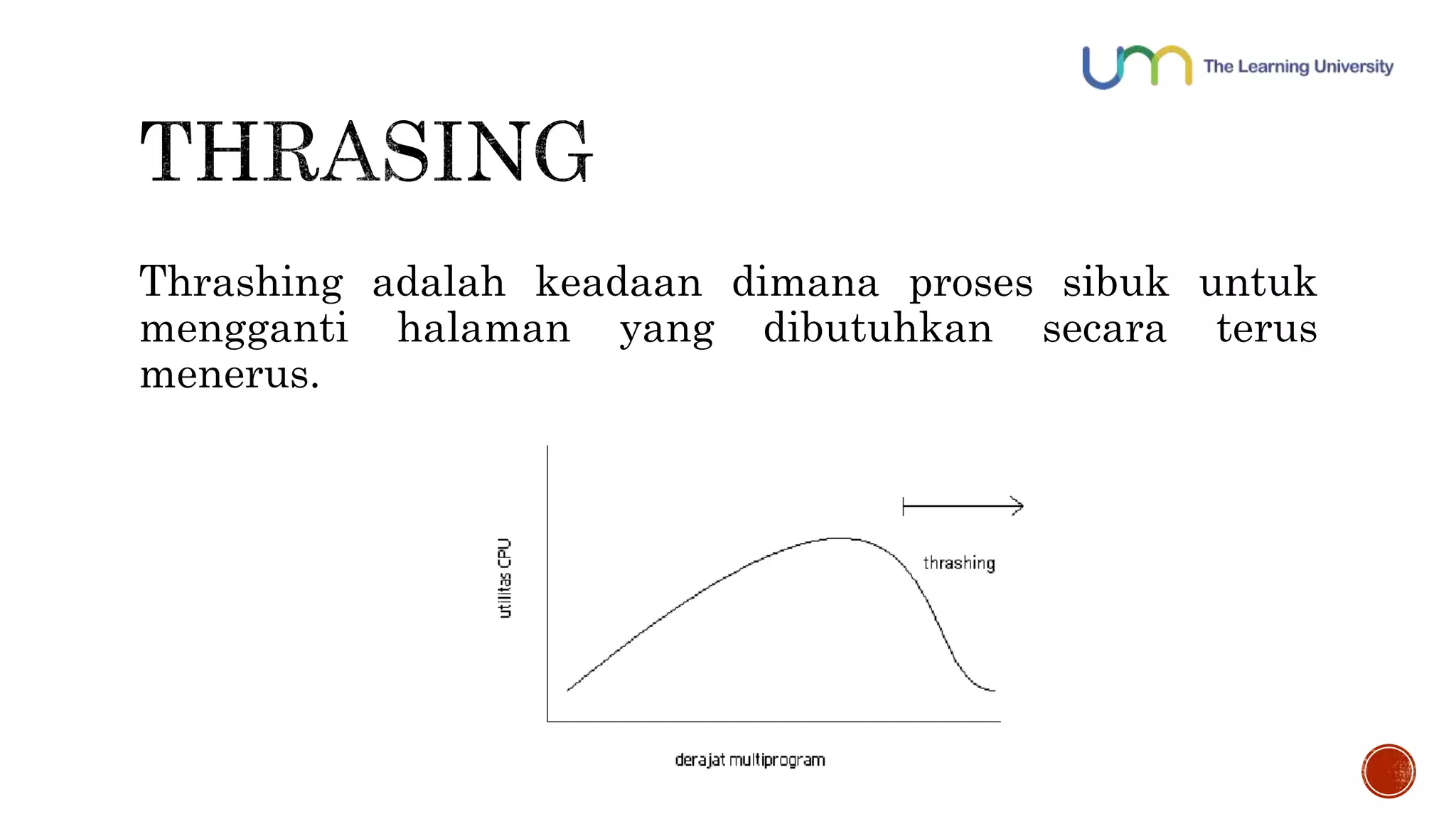 Thrashing adalah keadaan dimana proses sibuk untuk 
mengganti halaman yang dibutuhkan secara terus 
menerus. 
 