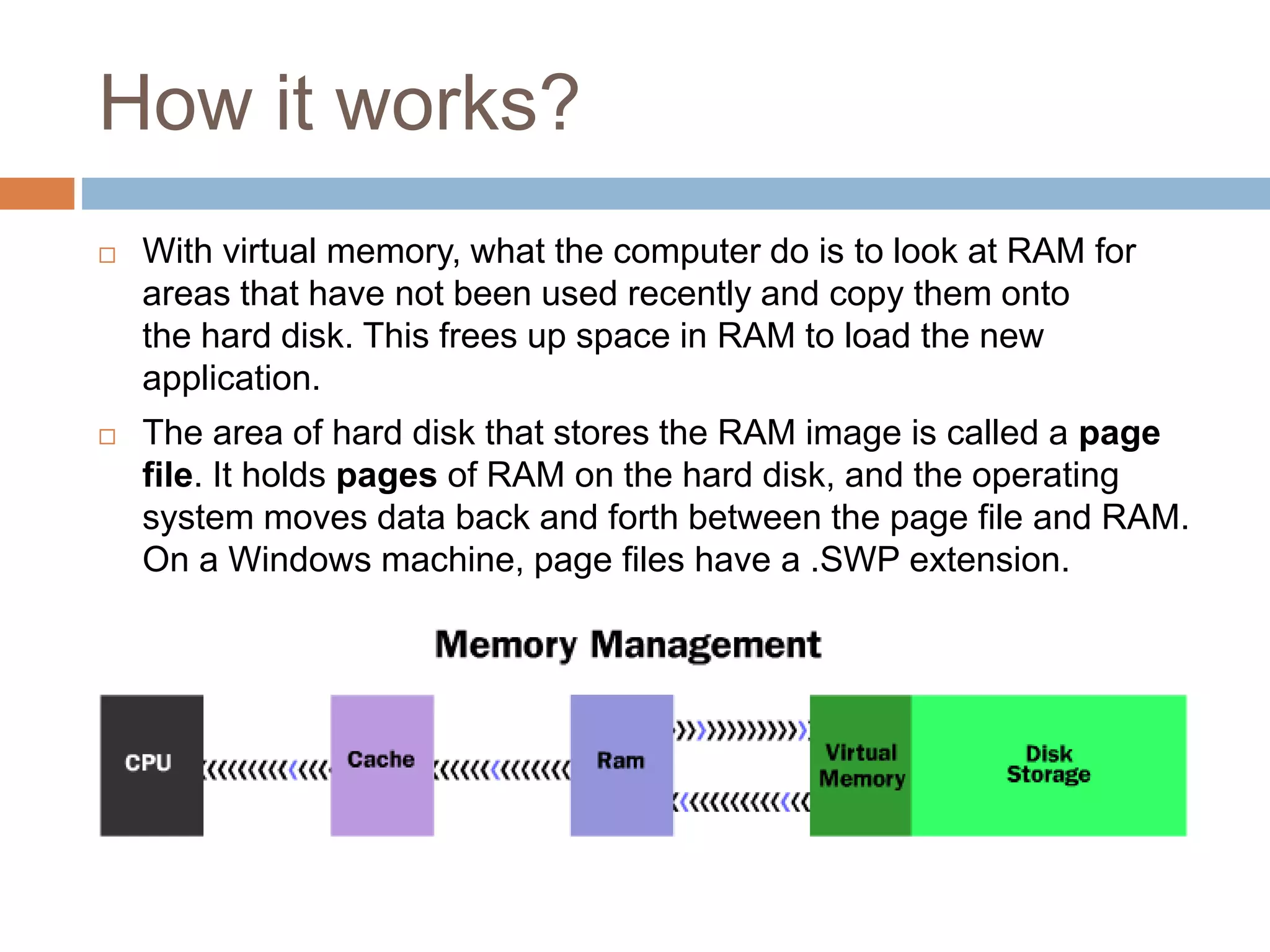 How it works?
 With virtual memory, what the computer do is to look at RAM for
areas that have not been used recently and copy them onto
the hard disk. This frees up space in RAM to load the new
application.
 The area of hard disk that stores the RAM image is called a page
file. It holds pages of RAM on the hard disk, and the operating
system moves data back and forth between the page file and RAM.
On a Windows machine, page files have a .SWP extension.
 