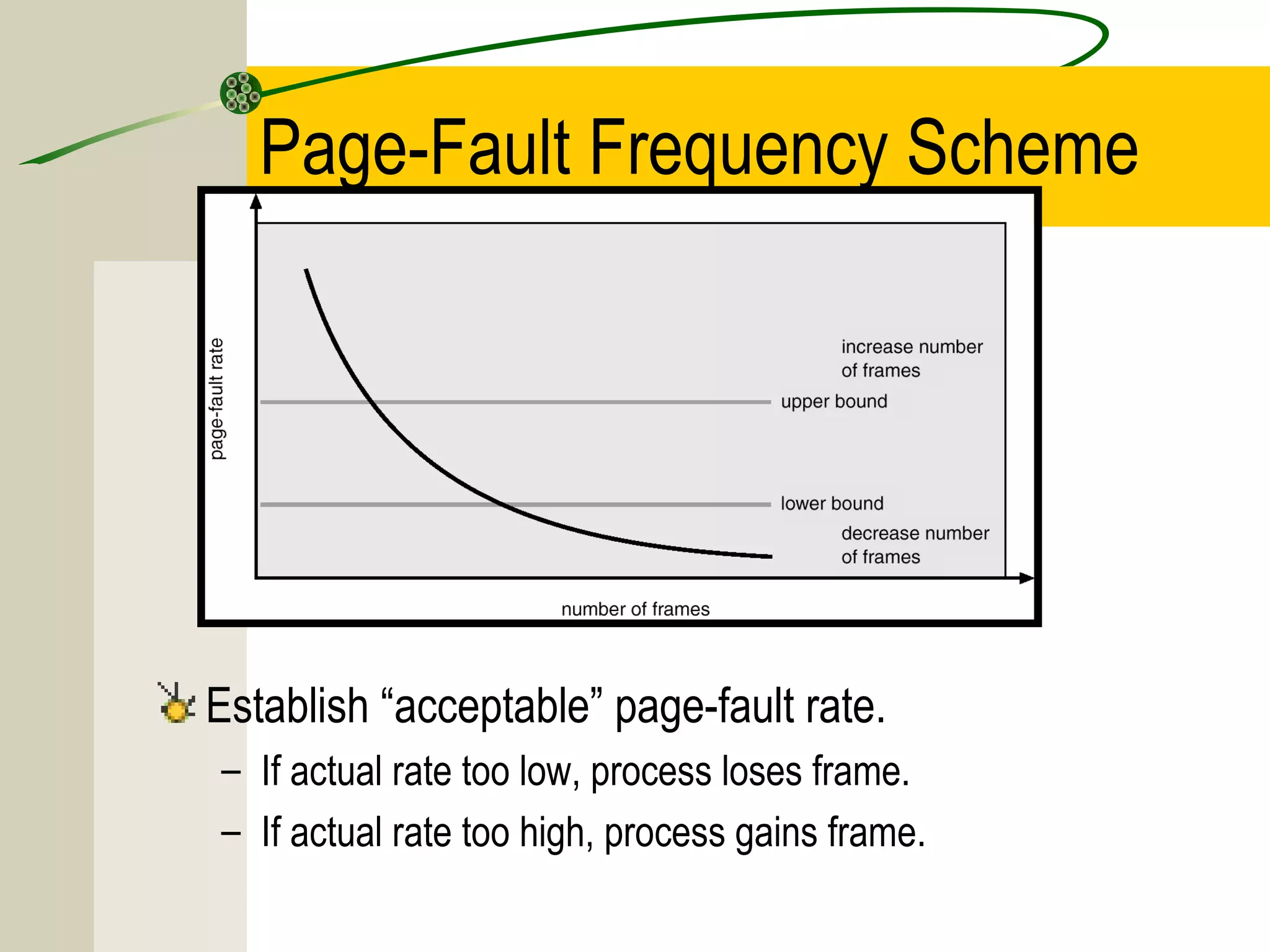 Page-Fault Frequency Scheme




Establish “acceptable” page-fault rate.
– If actual rate too low, process loses frame.
– If actual rate too high, process gains frame.
 