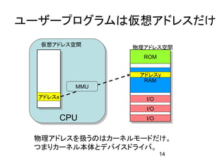 ユーザープログラムは仮想アドレスだけ
  仮想アドレス空間        物理アドレス空間
                    ROM


                   アドレスy
                    RAM
            MMU
  アドレスx             I/O
                    I/O
          CPU       I/O


 物理アドレスを扱うのはカーネルモードだけ。
 つまりカーネル本体とデバイスドライバ。
                          14
 