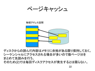 ページキャッシュ

       物理アドレス空間




ディスクからの読んだ内容はメモリに余裕がある限り保持しておく。
シーケンシャルにアクセスされる場合が多いので数ページ分を
まとめて先読みを行う。
そのため(2)では毎回ディスクアクセスが発生するとは限らない。
                       22
 