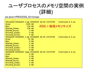 ユーザプロセスのメモリ空間の実例
         (詳細)
cat /proc/<PROCESS_ID>/smaps
      ....
0011e000-0024a000 r-xp 00000000 fd:00 15172740   /lib/libc-2.4.so
Size:              1200 kB
Rss:                136 kB     RSS = 物理メモリサイズ
Shared_Clean:       136 kB
Shared_Dirty:         0 kB
Private_Clean:        0 kB
Private_Dirty:        0 kB
0024a000-0024d000 r-xp 0012b000 fd:00 15172740   /lib/libc-2.4.so
Size:                12 kB
Rss:                  8 kB
Shared_Clean:         0 kB
Shared_Dirty:         0 kB
Private_Clean:        0 kB
Private_Dirty:        8 kB
0024d000-0024e000 rwxp 0012e000 fd:00 15172740   /lib/libc-2.4.so
Size:                 4 kB
Rss:                  4 kB
Shared_Clean:         0 kB
Shared_Dirty:         0 kB
Private_Clean:        0 kB
Private_Dirty:        4 kB                               30
      ....
 