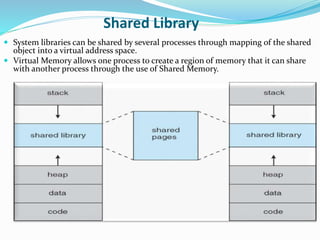 Shared Library
 System libraries can be shared by several processes through mapping of the shared
object into a virtual address space.
 Virtual Memory allows one process to create a region of memory that it can share
with another process through the use of Shared Memory.
 