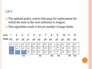 OPT
   The optimal policy selects that page for replacement for
    which the time to the next reference is longest.
   This algorithm result is fewest number of page faults.


time   1    2    3     4    5     6    7     8     9      10   11     12
page P2     p3   p2    p1   p5   p2    p4   p5     p3     p2   p5     p2

       p2   p2   P2    P2   P2   P2    P4   P4      P4    P2    P2    P2

            p3   p3    p3   P3   P3    P3   P3      P3    P3    P3    P3
                                                    p5
                       P1   P5   P5    p5   P5            P5    P5    P5

                 hit             hit         hit    hit         hit   hit
 