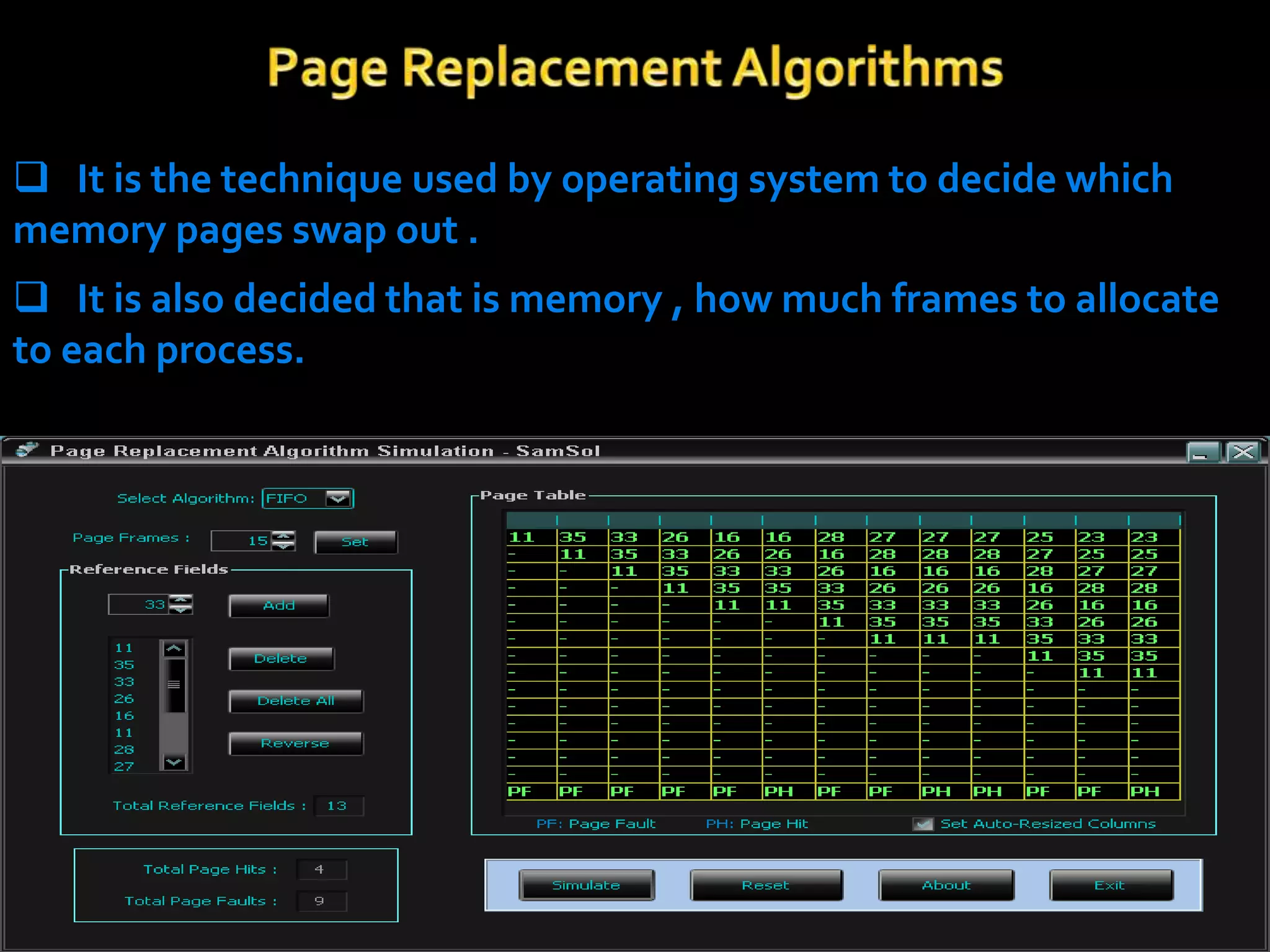 It is the technique used by operating system to decide which
memory pages swap out .
 It is also decided that is memory , how much frames to allocate
to each process.
 