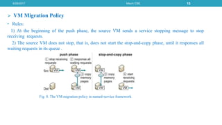  VM Migration Policy
• Rules:
1) At the beginning of the push phase, the source VM sends a service stopping message to stop
receiving requests.
2) The source VM does not stop, that is, does not start the stop-and-copy phase, until it responses all
waiting requests in its queue .
6/29/2017 Mtech CSE 15
Fig. 8. The VM migration policy in named-service framework
 