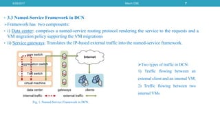 • 3.3 Named-Service Framework in DCN
Framework has two components:
• i) Data center: comprises a named-service routing protocol rendering the service to the requests and a
VM migration policy supporting the VM migrations
• ii) Service gateways: Translates the IP-based external traffic into the named-service framework.

Two types of traffic in DCN:
1) Traffic flowing between an
external client and an internal VM,
2) Traffic flowing between two
internal VMs
Fig. 1. Named-Service Framework in DCN.
6/29/2017 Mtech CSE 7
 