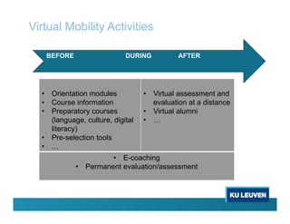 Virtual Mobility Activities
• Orientation modules
• Course information
• Preparatory courses
(language, culture, digital
literacy)
• Pre-selection tools
• …
• Virtual assessment and
evaluation at a distance
• Virtual alumni
• …
• E-coaching
• Permanent evaluation/assessment
BEFORE DURING AFTER
 